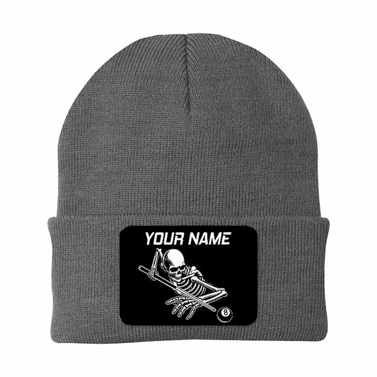 Personalized Skull 8 Ball Billiard Knit Beanie Hat With Rectangle Patch Custom Billiard Knit Cap TDM4940