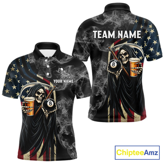 US Flag Grim Reaper Smoke Billiard Shirt For Men Custom 8 Ball Pool Team Jersey Polo & 1/4 Zip TDM6258