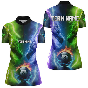 Custom Blue Purple Fire 3D Dragon 8 Ball Pool Billiard Shirts For Women, Team League Billiard Jerseys TDM2674