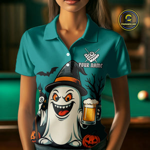 Custom Billiard Shirt Halloween Ghostly Beer Polo & 1/4 Zip For Women, Funny 8 Ball Pool Team Jersey TDM4943