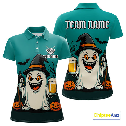 Custom Billiard Shirt Halloween Ghostly Beer Polo & 1/4 Zip For Women, Funny 8 Ball Pool Team Jersey TDM4943