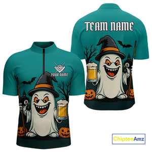 Custom Billiard Shirt Halloween Ghostly Beer Polo & 1/4 Zip For Men, Funny 8 Ball Pool Team Jersey TDM4943