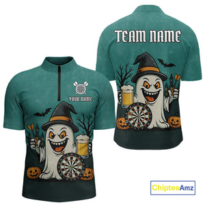 Custom Darts Shirt Halloween Ghostly Beer Polo & 1/4 Zip For Men, Funny Darts Jersey, Darts Gifts TDM4946