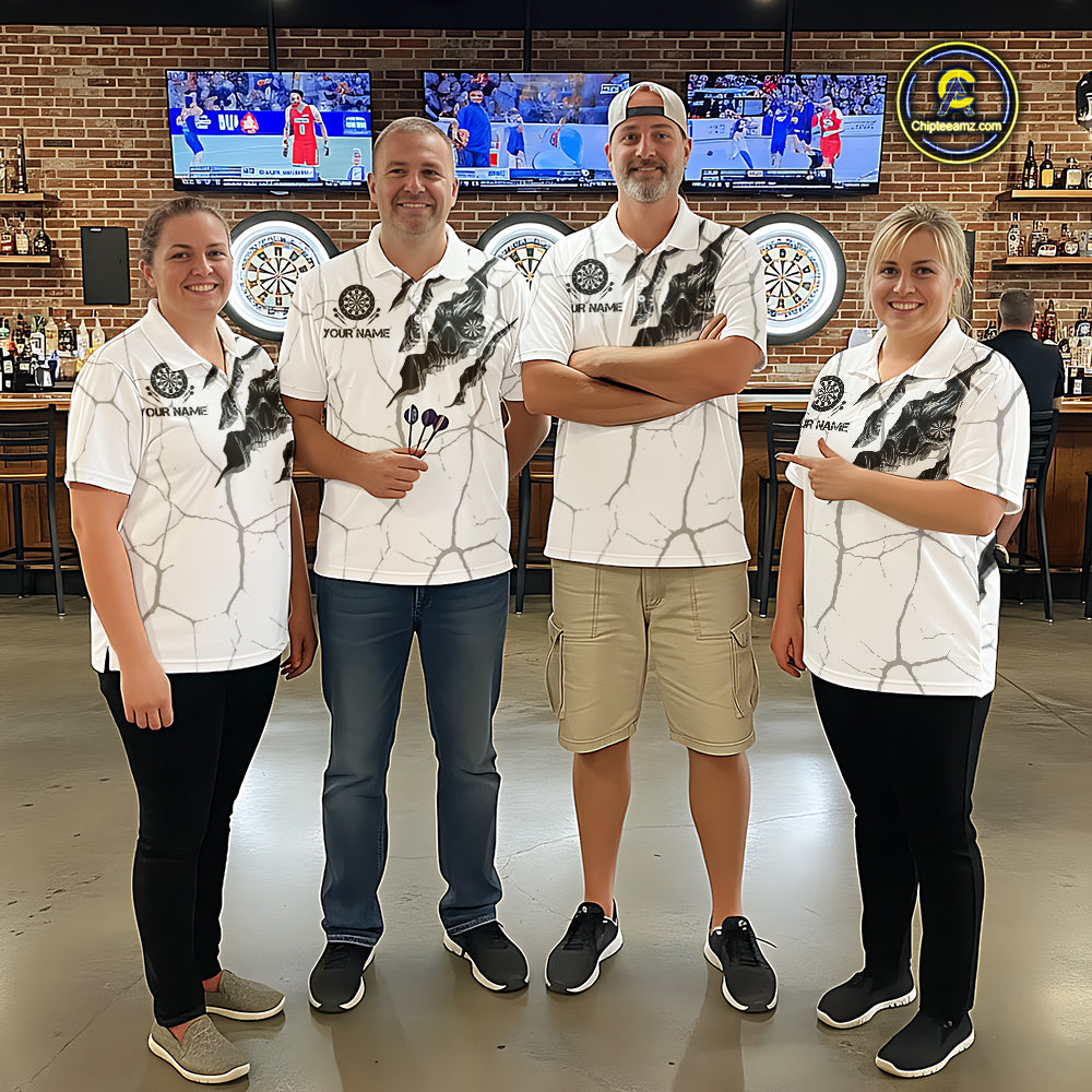 Personalized Skull White Grunge Darts Polo And Quarter-Zip Shirts For Men Custom Dart Team Jerseys TDM2922