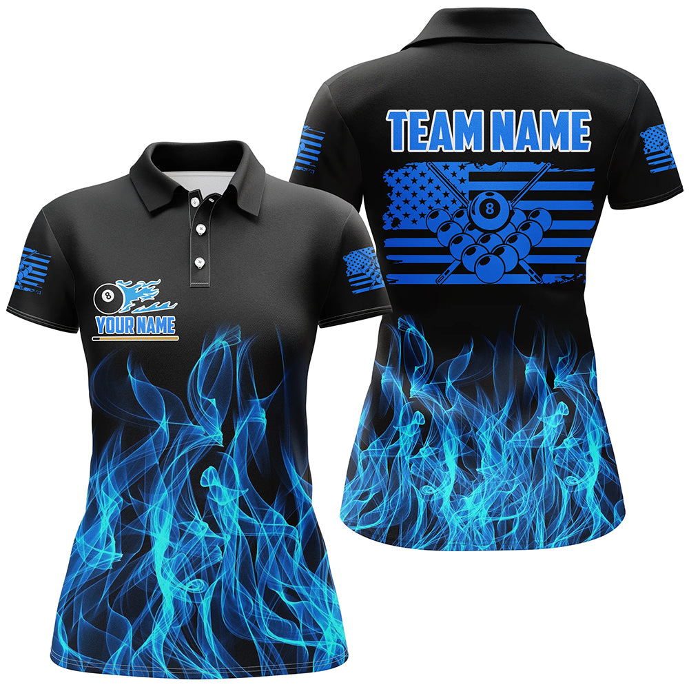 3D Blue Flaming American Flag Women Billiard Shirt Custom Patriotic Pool Player Shirt Billiard Jersey TDM3163