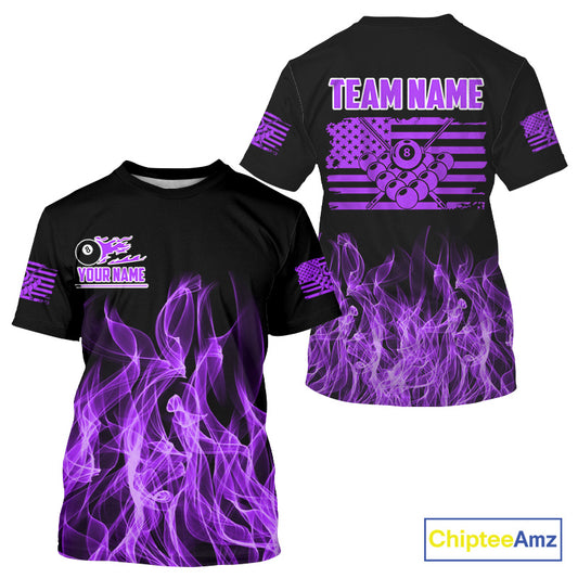 Purple Flaming American Flag Billiard T-Shirt For Men Custom Patriotic Pool Player Billiard Jersey TDM3164