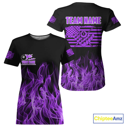 Purple Flaming American Flag Billiard T-Shirt For Women Custom Patriotic Pool Player Billiard Jersey TDM3164