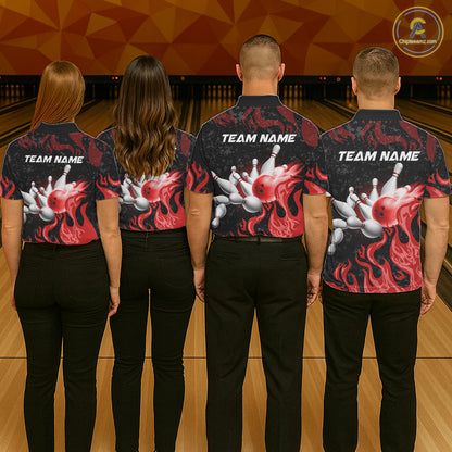 Red Flaming Bowling Jersey For Women Custom Fire Bowling Pin Team Jersey Polo & Quarter Zip Shirts TDM6268
