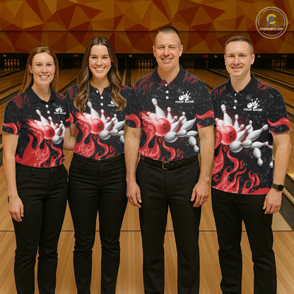 Red Flaming Bowling Jersey For Women Custom Fire Bowling Pin Team Jersey Polo & Quarter Zip Shirts TDM6268