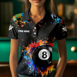 Funny 8 Ball Pool Colorful Paint Splash Custom Billiard Shirt For Women, Billiard Team Jersey | Black TDM3377