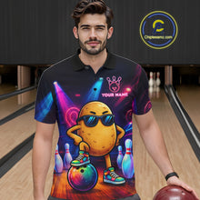 Load image into Gallery viewer, Man wearing personalized funny potato neon bowling team jersey polo shirt featuring colorful neon potato artwork, front view.