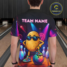 Load image into Gallery viewer, Man wearing personalized funny potato neon bowling team jersey polo shirt featuring colorful neon potato artwork, back view.