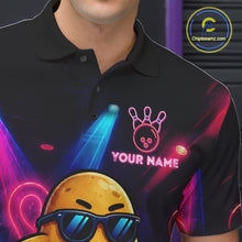 Load image into Gallery viewer, Close-up of the personalized funny potato neon bowling team jersey polo shirt showing the collar, buttons, premium performance fabric and detailed neon potato graphics.