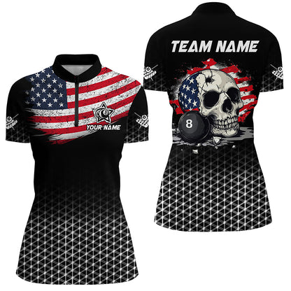 Personalized Patriotic Skull 8 Ball Billiard Shirts For Women Custom American Flag Billiard Jerseys TDM2174