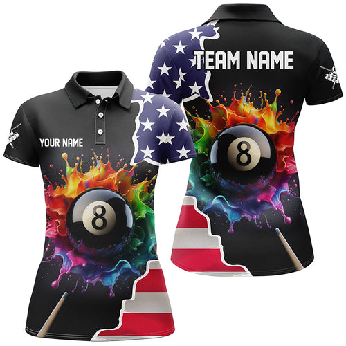 Personalized Colorful Paint 8 Ball Pool Custom USA Flag Women Billiard Polo Shirts, Billiard Apparel TDM1065