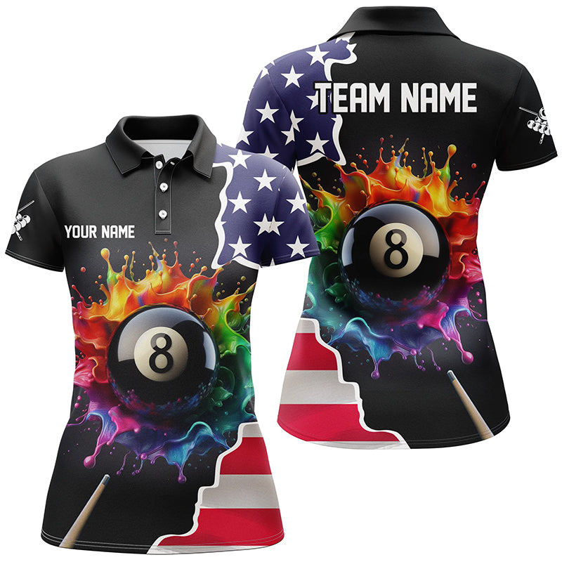 Personalized Colorful Paint 8 Ball Pool Custom USA Flag Women Billiard Polo Shirts, Billiard Apparel TDM1065