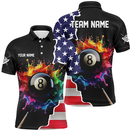 Personalized Colorful Paint 8 Ball Pool Custom USA Flag Men Billiard Polo Shirts, Billiard Apparel TDM1065
