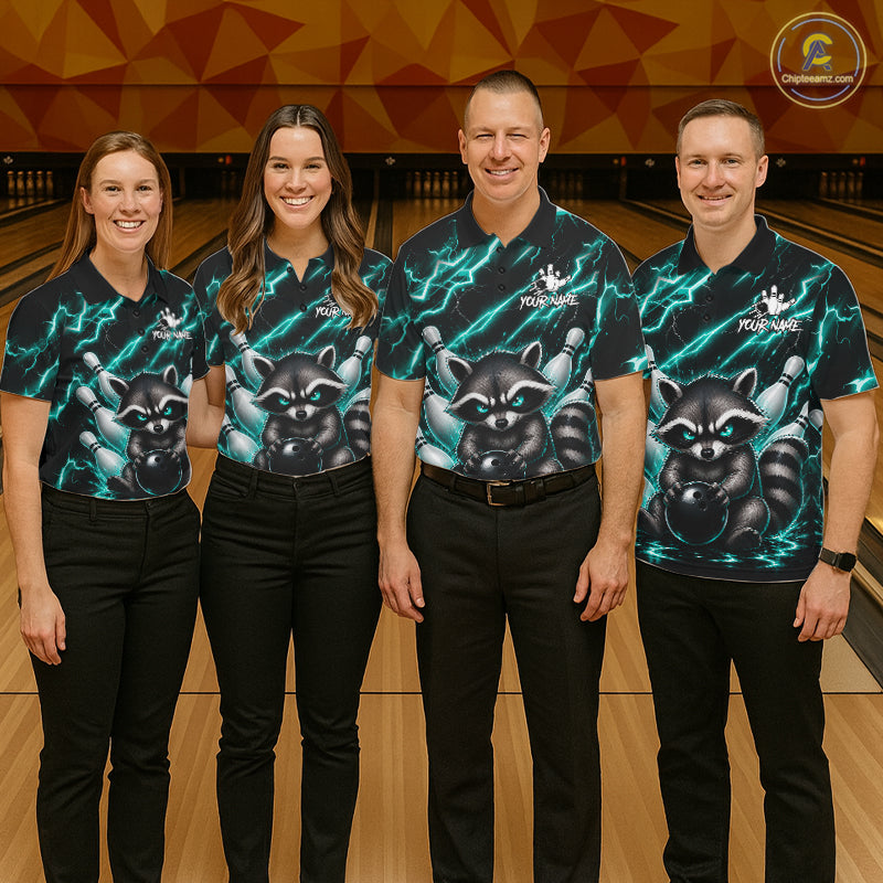 Bowling team wearing matching turquoise neon lightning raccoon bowling jerseys during tournament play front view.