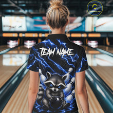 Load image into Gallery viewer, Back view of woman wearing a blue neon lightning raccoon bowling polo shirt inside a bowling alley.