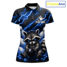 Load image into Gallery viewer, Blue neon lightning raccoon bowling polo shirt for women with custom bowling team graphics.