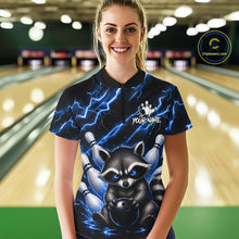 Load image into Gallery viewer, Woman wearing a blue neon lightning raccoon bowling quarter zip jersey during league competition front view.