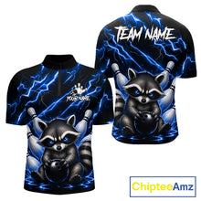 Load image into Gallery viewer, Blue neon lightning raccoon bowling quarter zip shirt for men designed for league tournaments and team events.