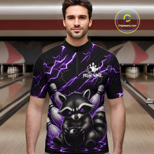 Load image into Gallery viewer, Man wearing a purple neon lightning raccoon bowling quarter zip jersey during league competition front view.
