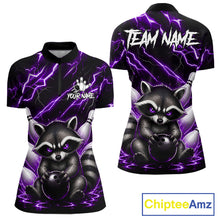Load image into Gallery viewer, Purple neon lightning raccoon bowling quarter zip shirt for women built for league play and tournaments.