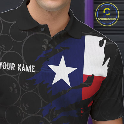Close-up of a US flag Texas bowling polo shirt collar, buttons, and patriotic artwork.