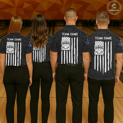 Back view of bowling team wearing matching patriotic Texas bowling shirts in a bowling alley.