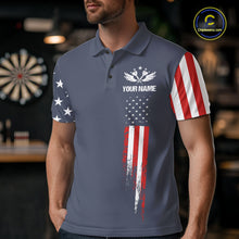 Load image into Gallery viewer, Man wearing personalized navy American flag darts polo shirt front view.