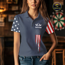 Load image into Gallery viewer, Woman wearing personalized navy American flag darts polo shirt front view.