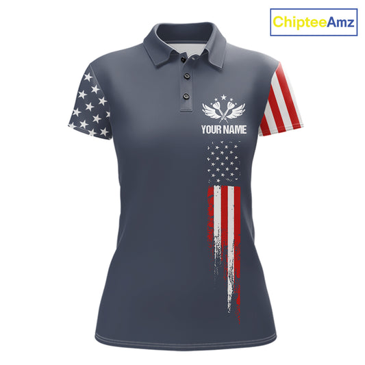 Personalized navy American flag patriotic darts team jersey polo shirt for women, custom darts league apparel and tournament jersey.