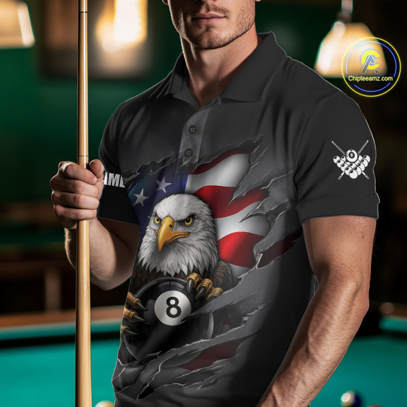 Grey American Flag Eagle 8 Ball Pool Billiard Shirts For Men Custom Patriotic Billiard Team Jersey TDM7169