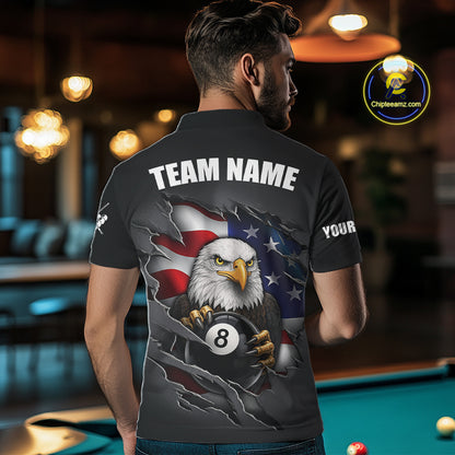 Grey American Flag Eagle 8 Ball Pool Billiard Shirts For Men Custom Patriotic Billiard Team Jersey TDM7169