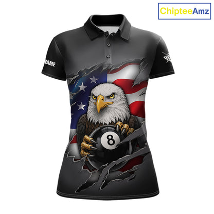 Grey American Flag Eagle 8 Ball Pool Billiard Shirts For Women Custom Patriotic Billiard Team Jersey TDM7169
