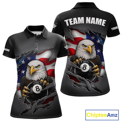 Grey American Flag Eagle 8 Ball Pool Billiard Shirts For Women Custom Patriotic Billiard Team Jersey TDM7169