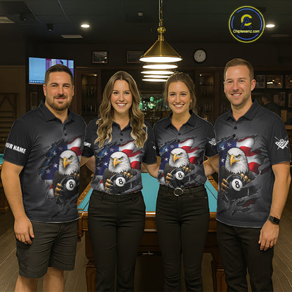 Grey American Flag Eagle 8 Ball Pool Billiard Shirts For Men Custom Patriotic Billiard Team Jersey TDM7169