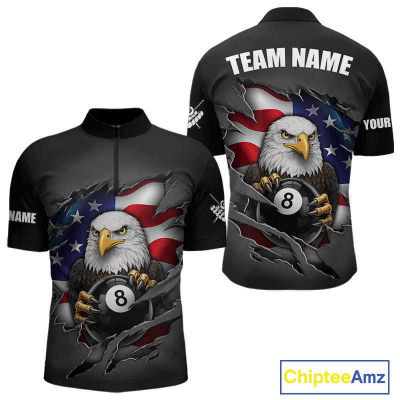 Grey American Flag Eagle 8 Ball Pool Billiard Shirts For Men Custom Patriotic Billiard Team Jersey TDM7169