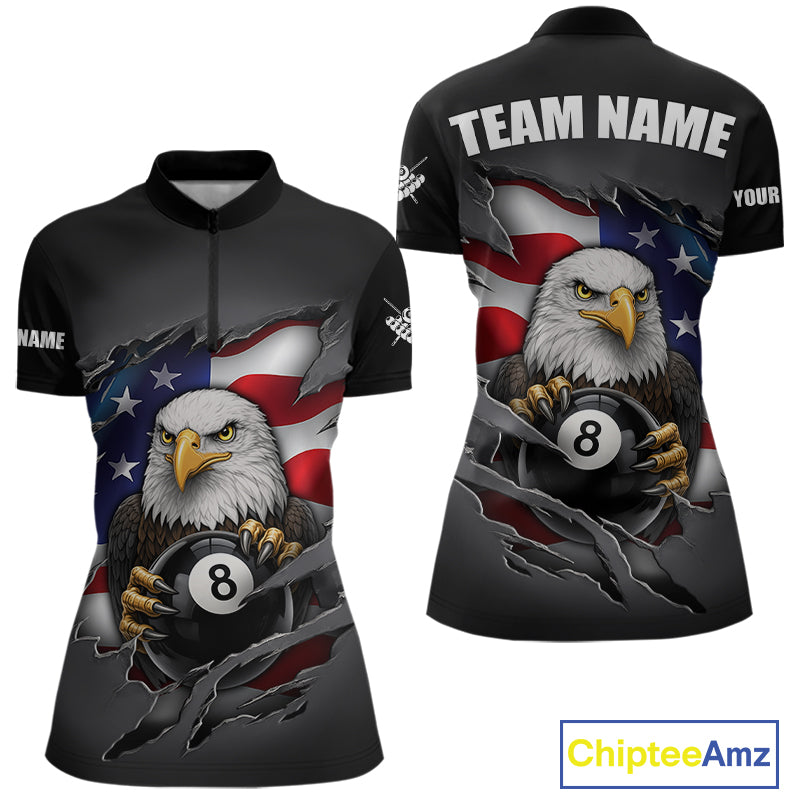 Grey American Flag Eagle 8 Ball Pool Billiard Shirts For Women Custom Patriotic Billiard Team Jersey TDM7169