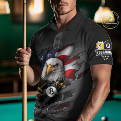 Grey American Flag Eagle 8 Ball & 9 Ball Billiard Shirts For Men Custom Patriotic Pool Team Jersey TDM7170