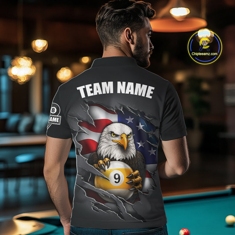 Grey American Flag Eagle 8 Ball & 9 Ball Billiard Shirts For Men Custom Patriotic Pool Team Jersey TDM7170
