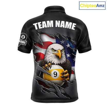 Grey American Flag Eagle 8 Ball & 9 Ball Billiard Shirts For Men Custom Patriotic Pool Team Jersey TDM7170