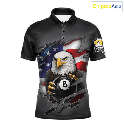 Grey American Flag Eagle 8 Ball & 9 Ball Billiard Shirts For Men Custom Patriotic Pool Team Jersey TDM7170