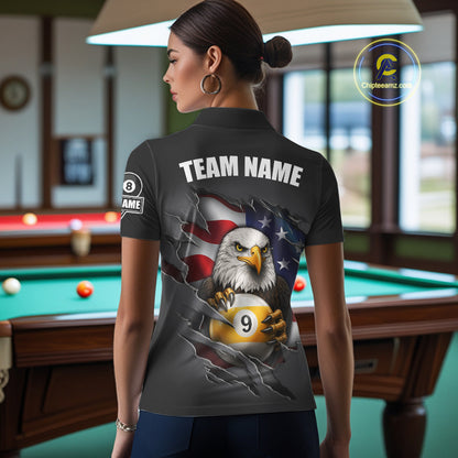Grey American Flag Eagle 8 Ball & 9 Ball Billiard Shirts For Women Custom Patriotic Pool Team Jersey TDM7170