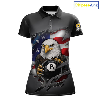 Grey American Flag Eagle 8 Ball & 9 Ball Billiard Shirts For Women Custom Patriotic Pool Team Jersey TDM7170