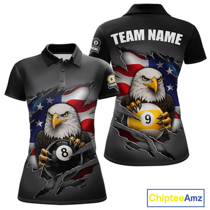 Grey American Flag Eagle 8 Ball & 9 Ball Billiard Shirts For Women Custom Patriotic Pool Team Jersey TDM7170