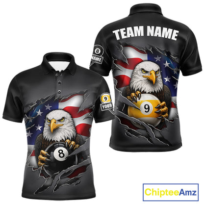 Grey American Flag Eagle 8 Ball & 9 Ball Billiard Shirts For Men Custom Patriotic Pool Team Jersey TDM7170