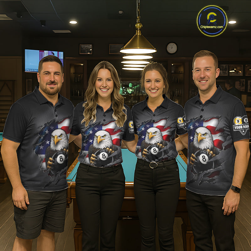 Grey American Flag Eagle 8 Ball & 9 Ball Billiard Shirts For Women Custom Patriotic Pool Team Jersey TDM7170