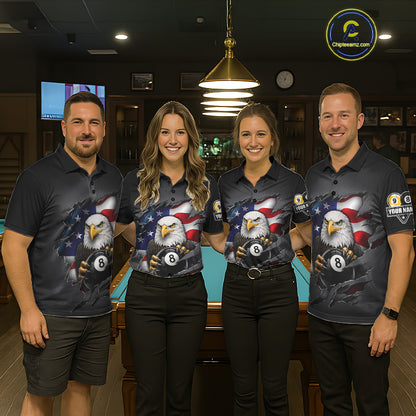 Grey American Flag Eagle 8 Ball & 9 Ball Billiard Shirts For Women Custom Patriotic Pool Team Jersey TDM7170
